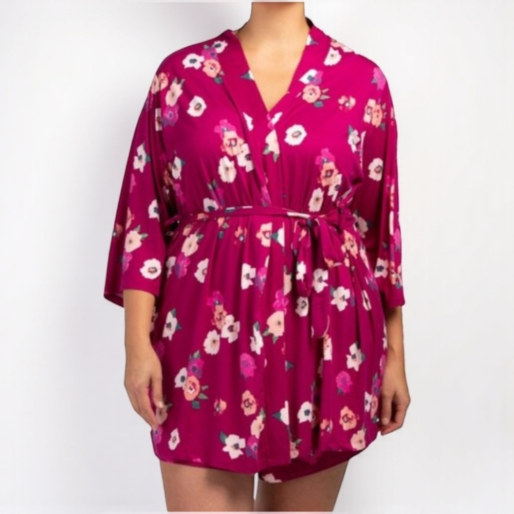 Nanette Lepore Floral Robe 1X Pink Stretch Kimono Sleeve Lounge Coverup